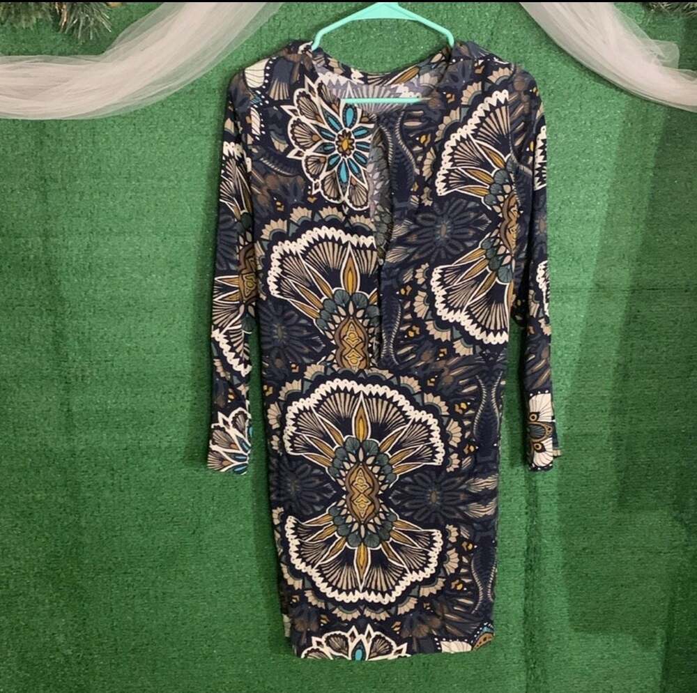 H&M Abstract Pattern Long Sleeve Mini Dress with Slit Back Detail